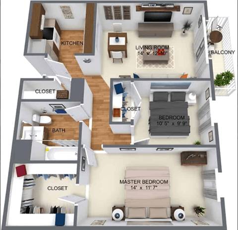 Floor plan for 2 beds, 1 bath, 803 sqft